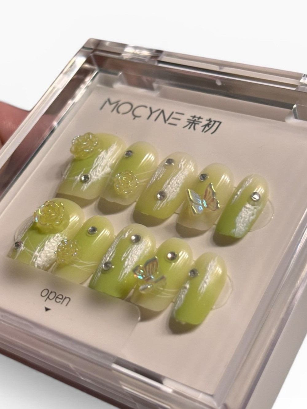 Yellow Green 3D Rose and Butterfly Press-On Nails